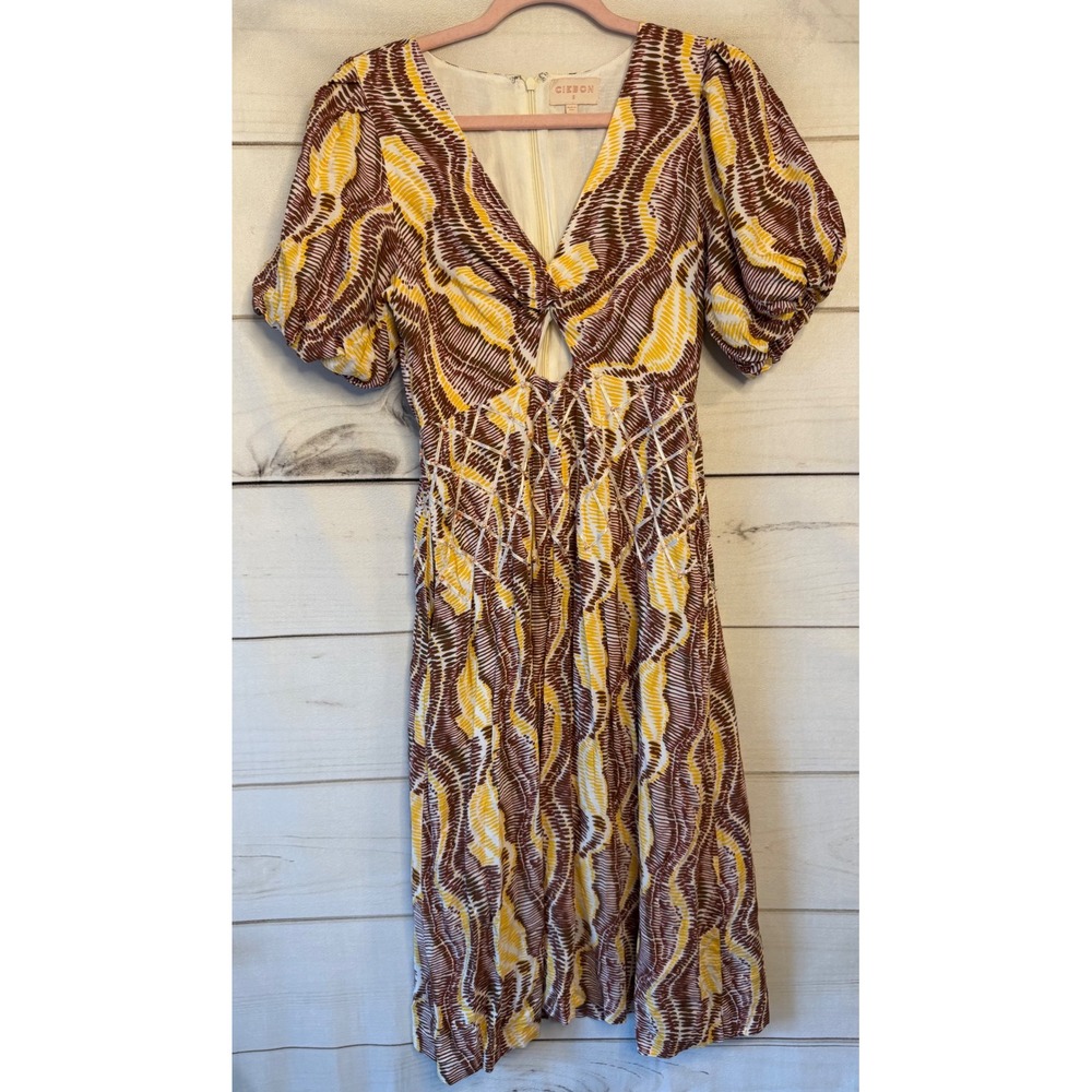 Ciebon Brown Yellow Abstract Wave Print Lattice Beaded Cutout Midi Dress Small